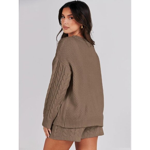 Women Brown 2 Piece Outfits Sweater Lounge Loungewear Sets Fall Cable Knit Sets - Picture 4 of 8